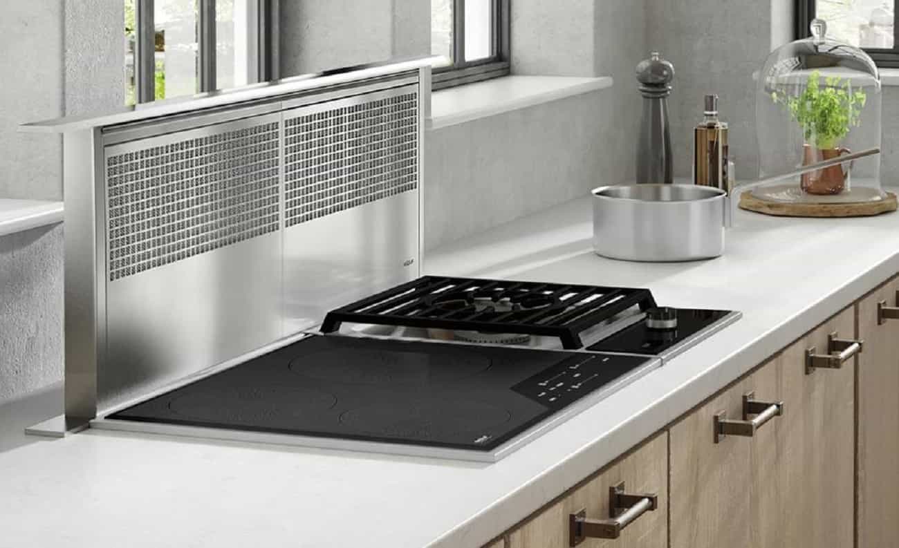 kitchen design with downdraft hood