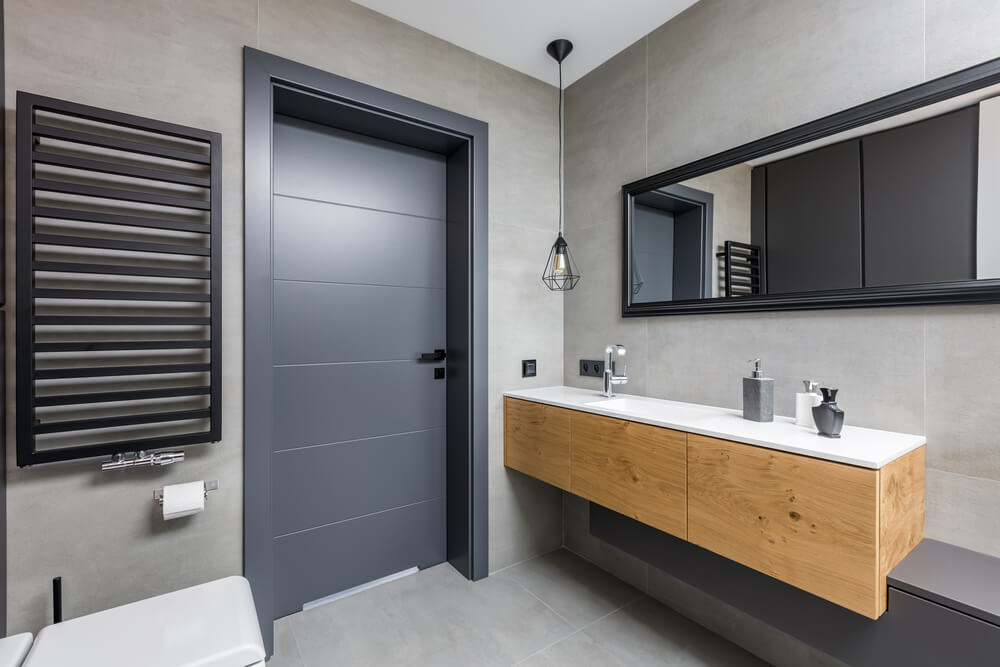 grey bathroom facing the door