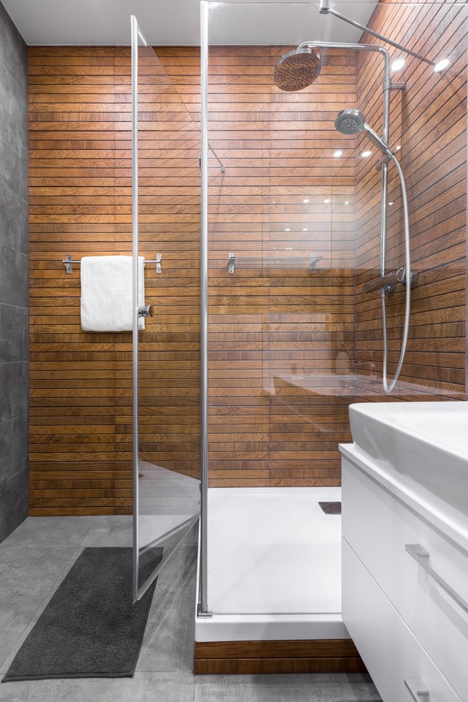 An Enchanting Grey Bathroom with a Wooden Shower