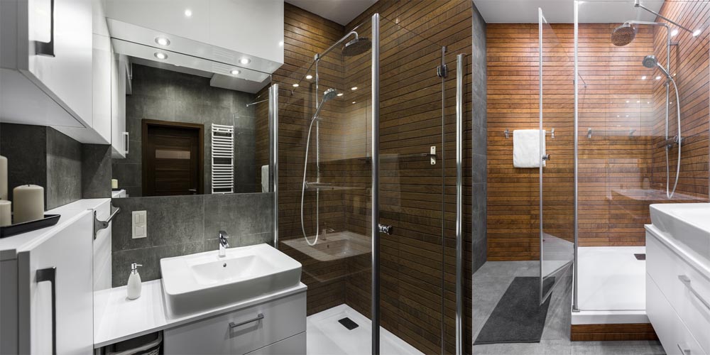 An Enchanting Grey Bathroom with a Wooden Shower