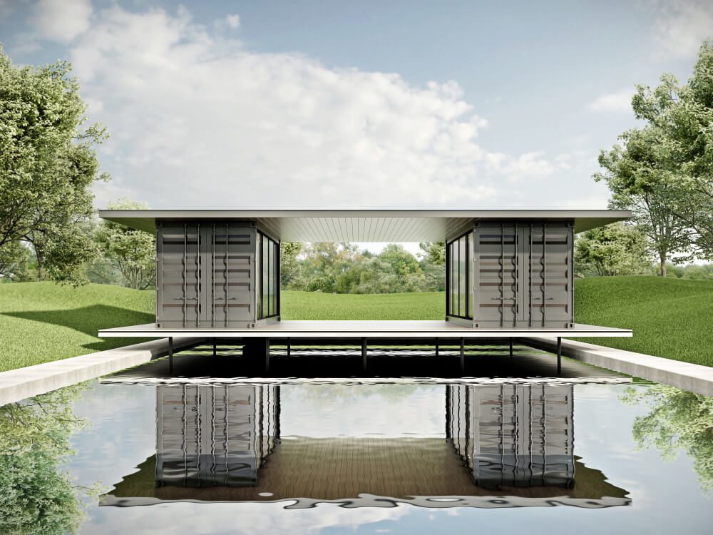 shipping container home floating on pond