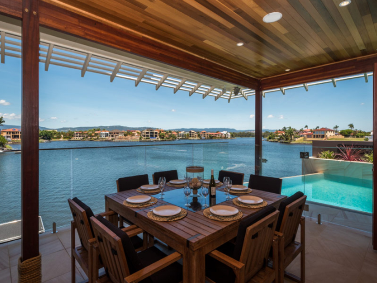 patio dining area with bay view