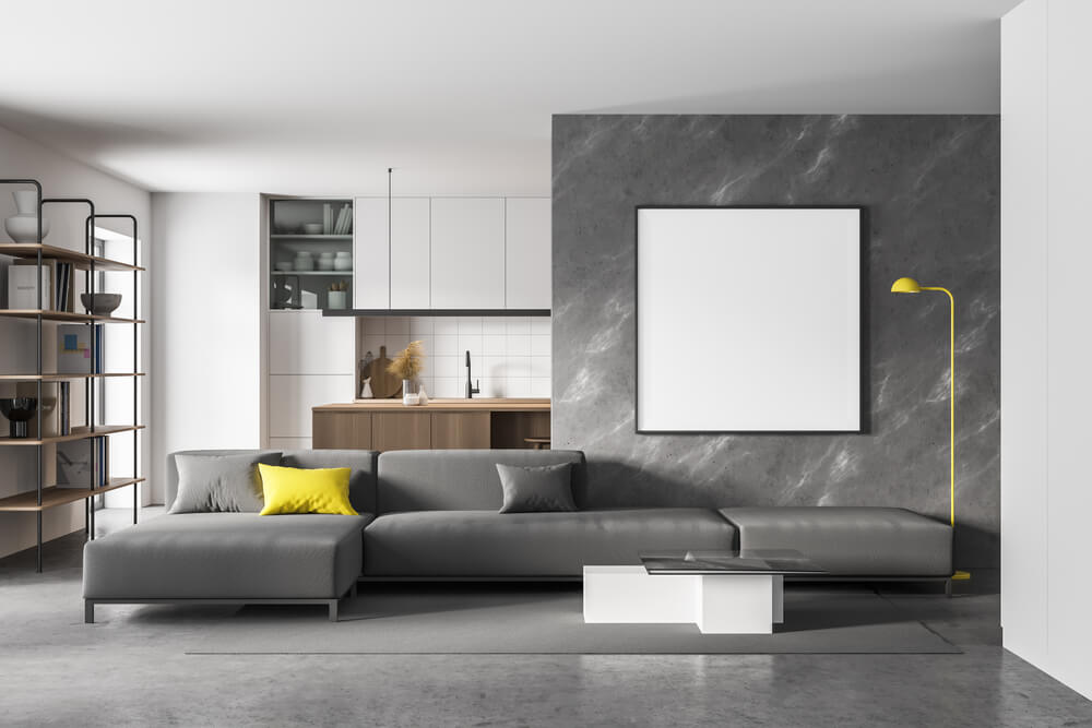 modern living room with concrete floor