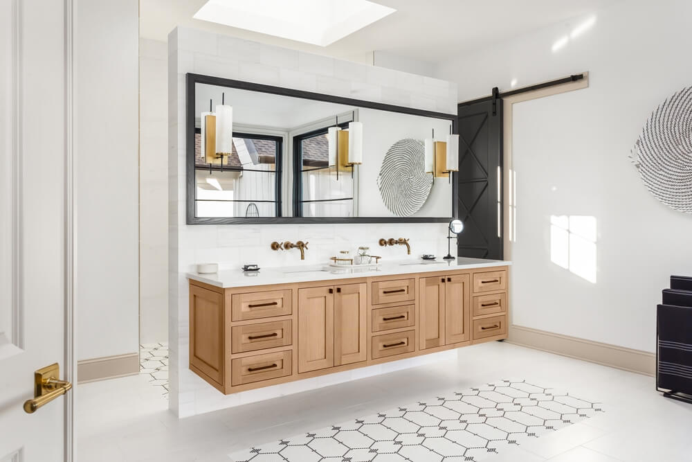 elegant bathroom with floating cabinets and vanity