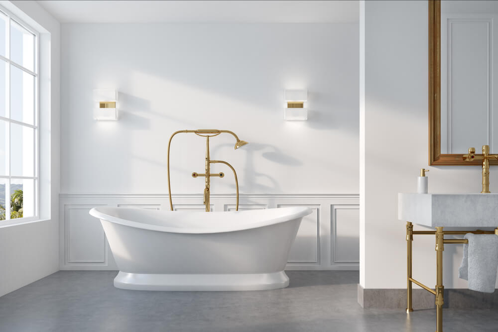 modern bathroom and freestanding asymmetrical soaking tub
