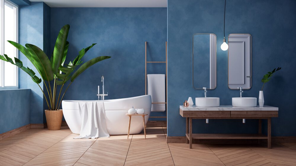 grunge dark blue wall with white accent in contemporary bathroom