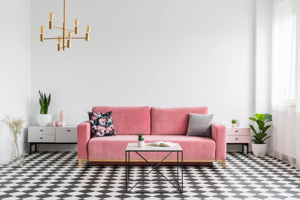 flooring trends 2022: checkered floor in living room