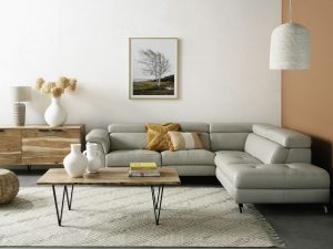 homey gray and orange interior of a living room