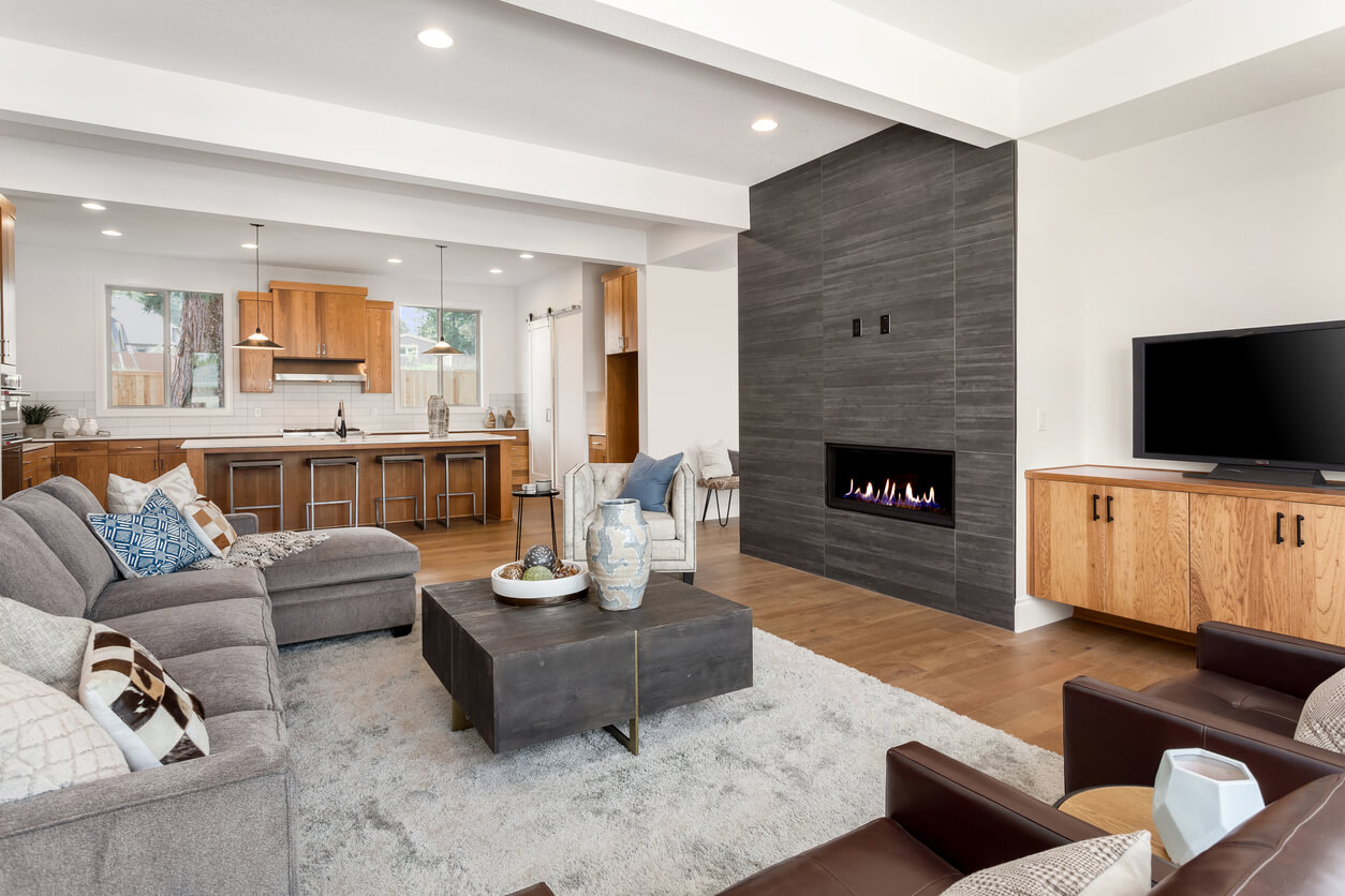 contemporary home design with a fireplace