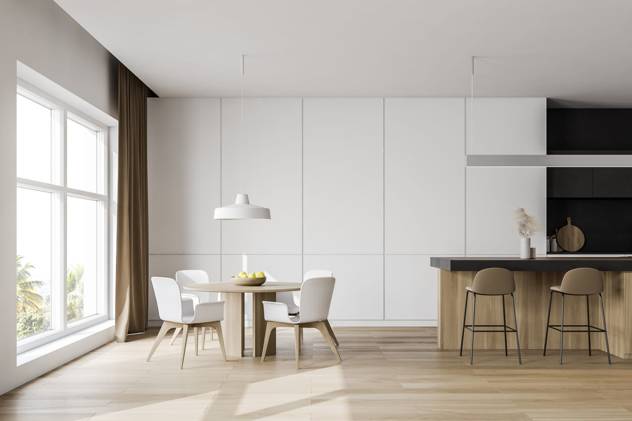 minimalist house design kitchen with flat cabinet doors