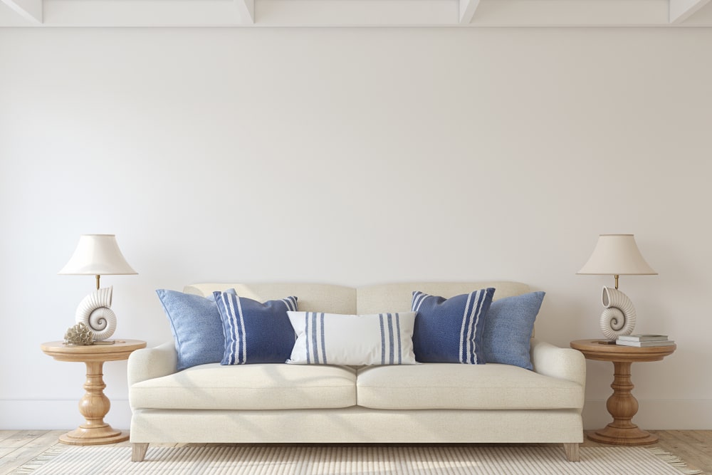 blue living room in a modern coastal home in Australia