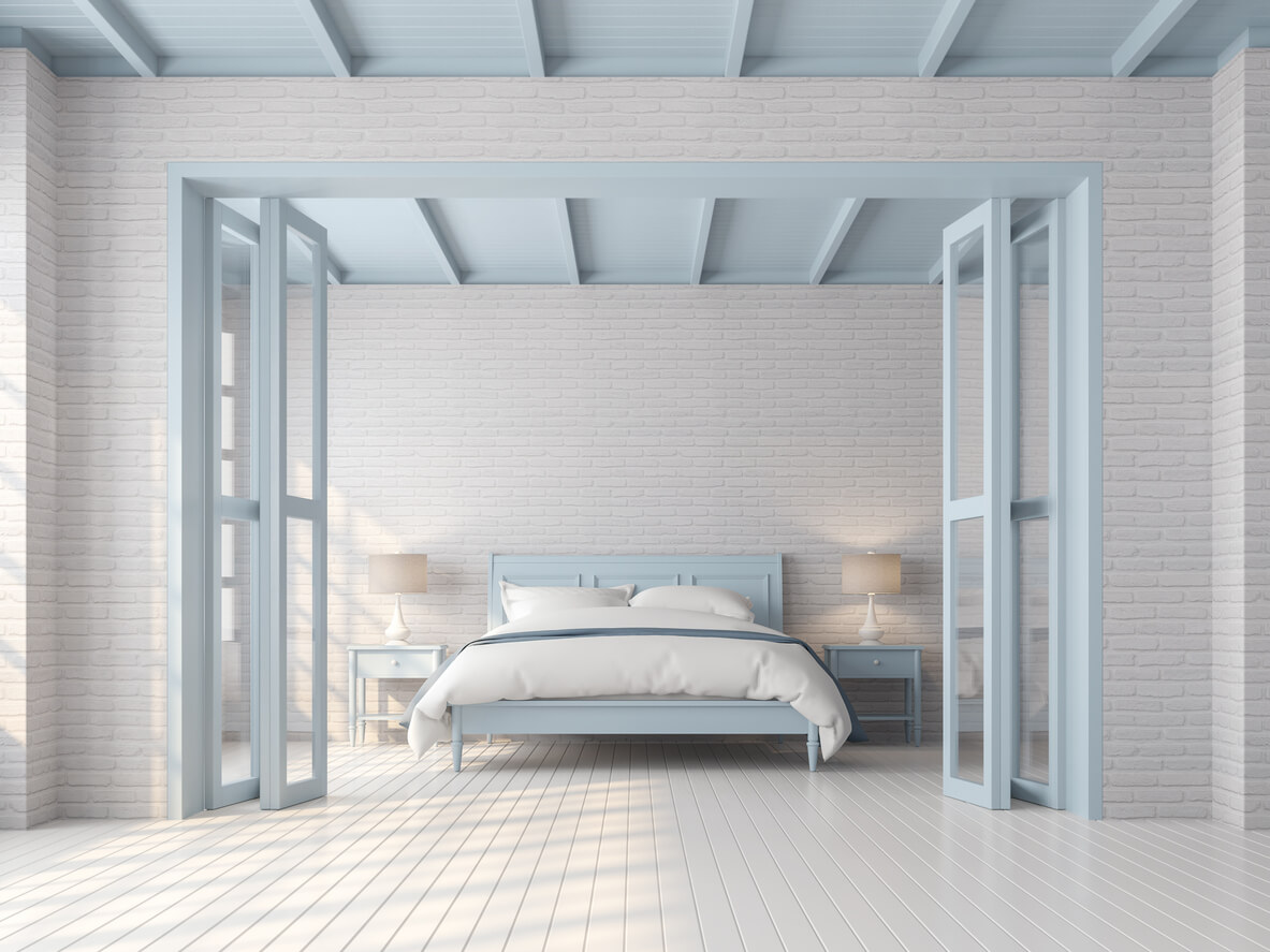 minimalist white and pastel blue bedroom