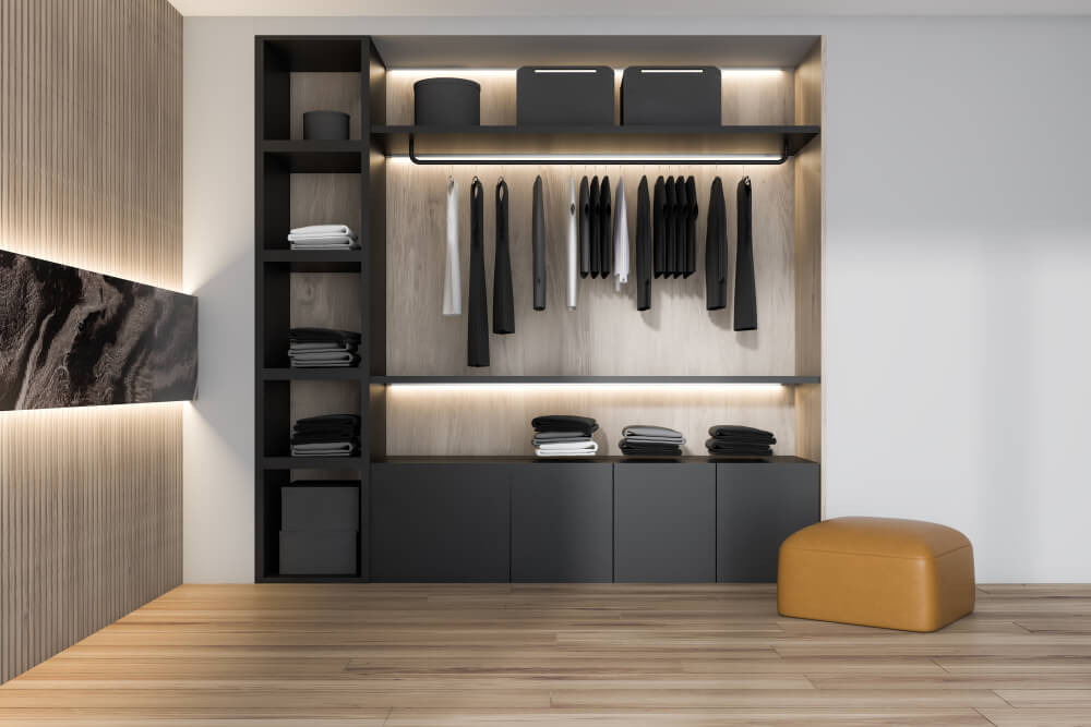 black and open freestanding wardrobe